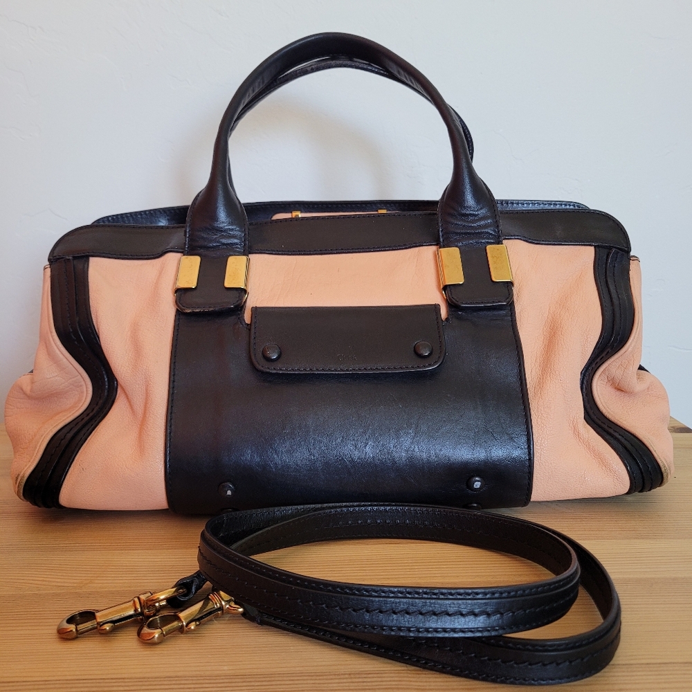 Chloe Alice Black and Peach Leather 2-Way Bag, Crossbody Satchel Removable Strap